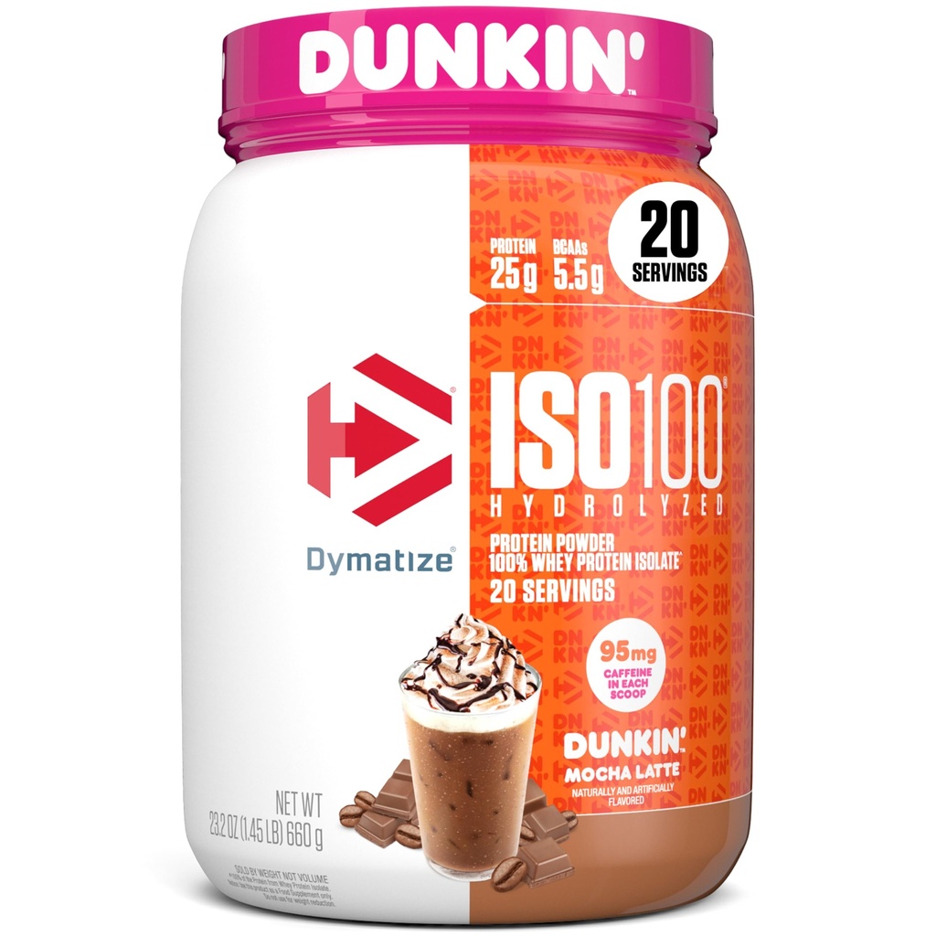 Dymatize x Dunkin' Mocha Latte ISO100 Whey Proteine Pulbere, 95mg Cafeina, 25g de proteine, 5,5g BCAAs, 120 Cal., Gluten Free, 1g Fat, 1g Zahăr, 3g Carb (20 Serviri)