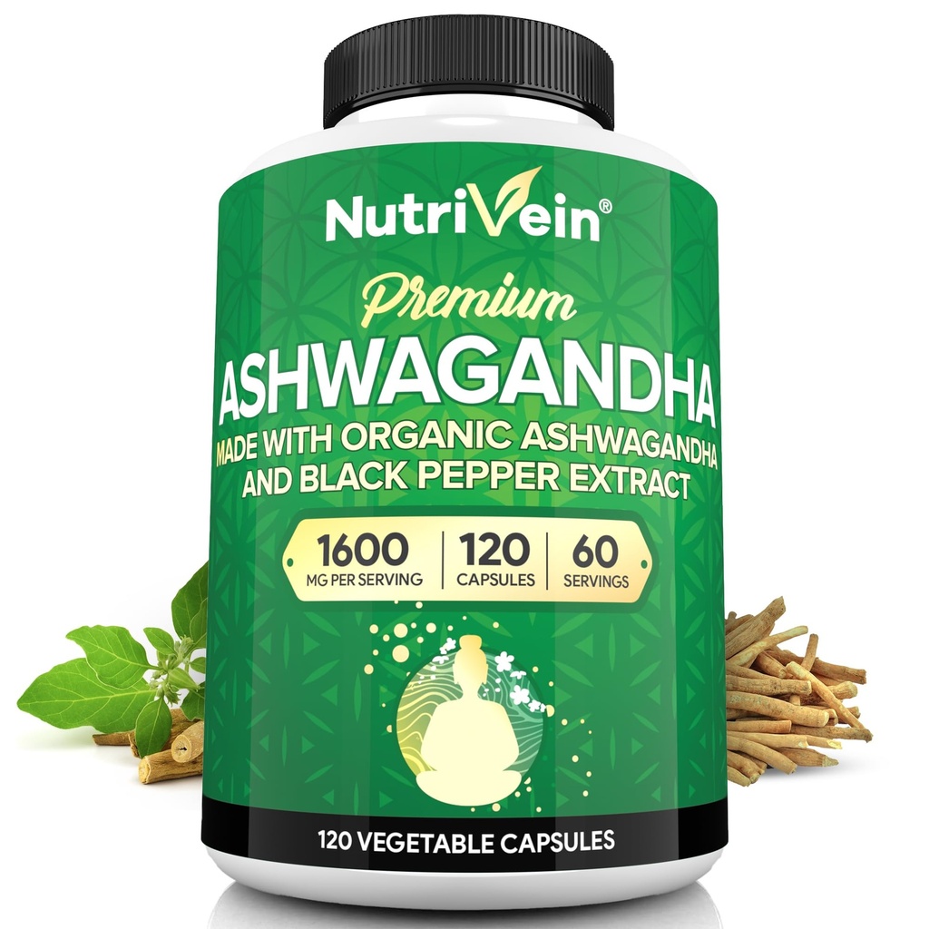 Nutrivein Ashwagandha pentru bărbați și femei - 1600mg - Îmbunătățit cu Pepper negru - Pudră de rădăcină de mare absorbție Ashwagandha Suplimente pentru echilibru de spirit, somn odihnitor, & Focus - 120 capsule Vegan