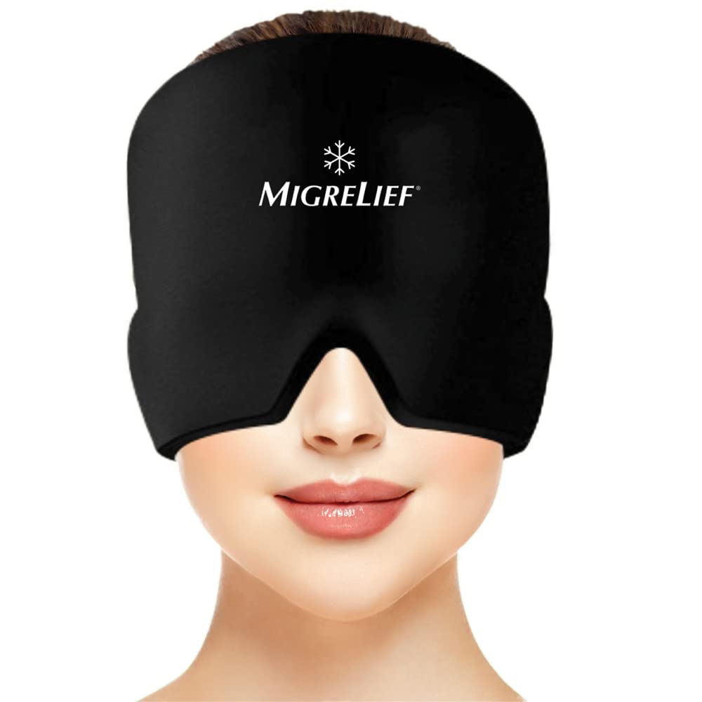 Migrelief Migrene Relief Cap - Capac de gheață pentru migrene și dureri de cap cu 360 de grade cap și acoperire ochi - Terapie rece Pălărie de cap și Migrene Masca de ajutor natural durere - o dimensiune, negru