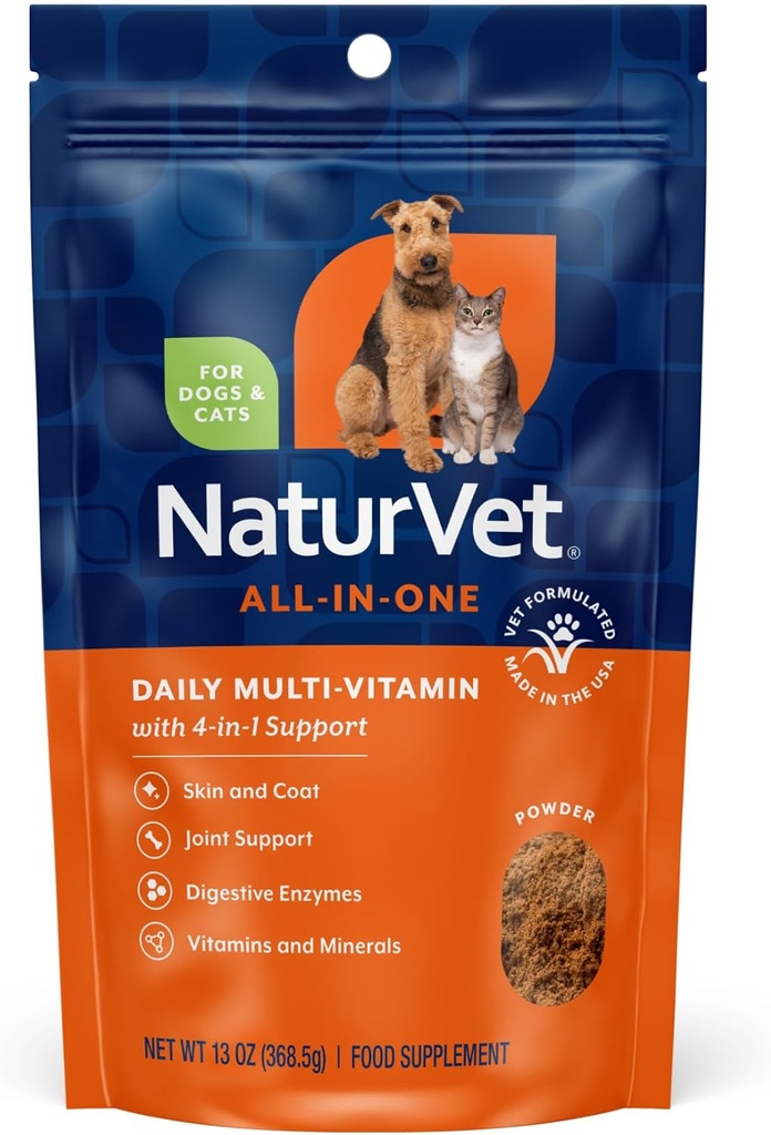 NaturVet All-in-One Dog Supplement - for Joint Support, Digestion, Skin, Coat Care – Dog Multivitamins with Minerals, Omega-3, 6, 9 – Wheat-Free Vitamins for Dogs – 13-Ounce Powder
