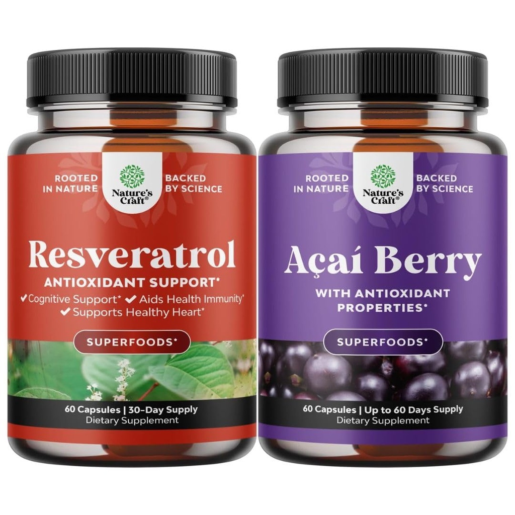 Bundle de capsule de Resveratrol cu AMPK Activator metabolic pentru eficienta metabolica si celulara si suport antioxidant Acai Berry pentru femei si barbati pentru sistemul imunitar si sanatate cognitiva