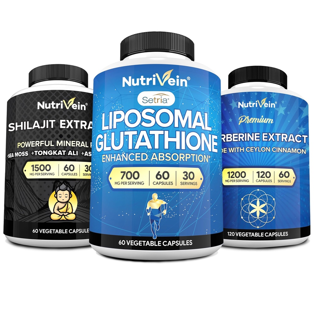 Nutrivein Premium Silajit Capsule, Liposomal Glutatione Supliment, & Berberine Supliment Bundle: Berberine, Glutatione, & Shilaj Capsule pentru bărbaţi şi femei - Metabolism, Vitality, & Echilibru