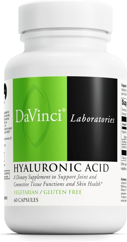 DaVinci Labs Acid hialuronic - Supliment alimentar pentru a sprijini Joint, Cartilage și Skin Health* - Cu acid hialuronic, floarea-soarelui Lecitina și pastia Hispanica pulbere - Gluten-Free - 60 Vegetarian Caps