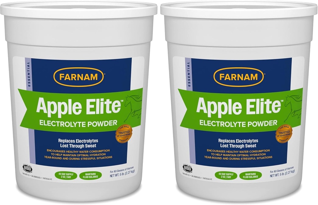 Farnam Apple Elite Horse Electrolite Powder, înlocuiește minerale pierdute în transpirație în timpul exercițiilor fizice, condiții extreme și stresante, 5 lb., 40 zile de aprovizionare (Pachet de 2)