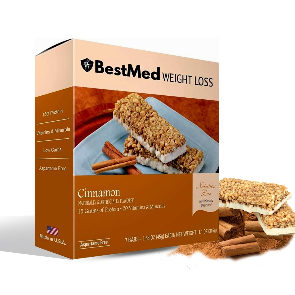 Bestmed - High Proteine Nutrition Bar - Low-Carb, 15g Proteine, Low Sugar, Low Calorie, Mese Replacement Bar (Cinnamon, 1 Box - 7 Conte)