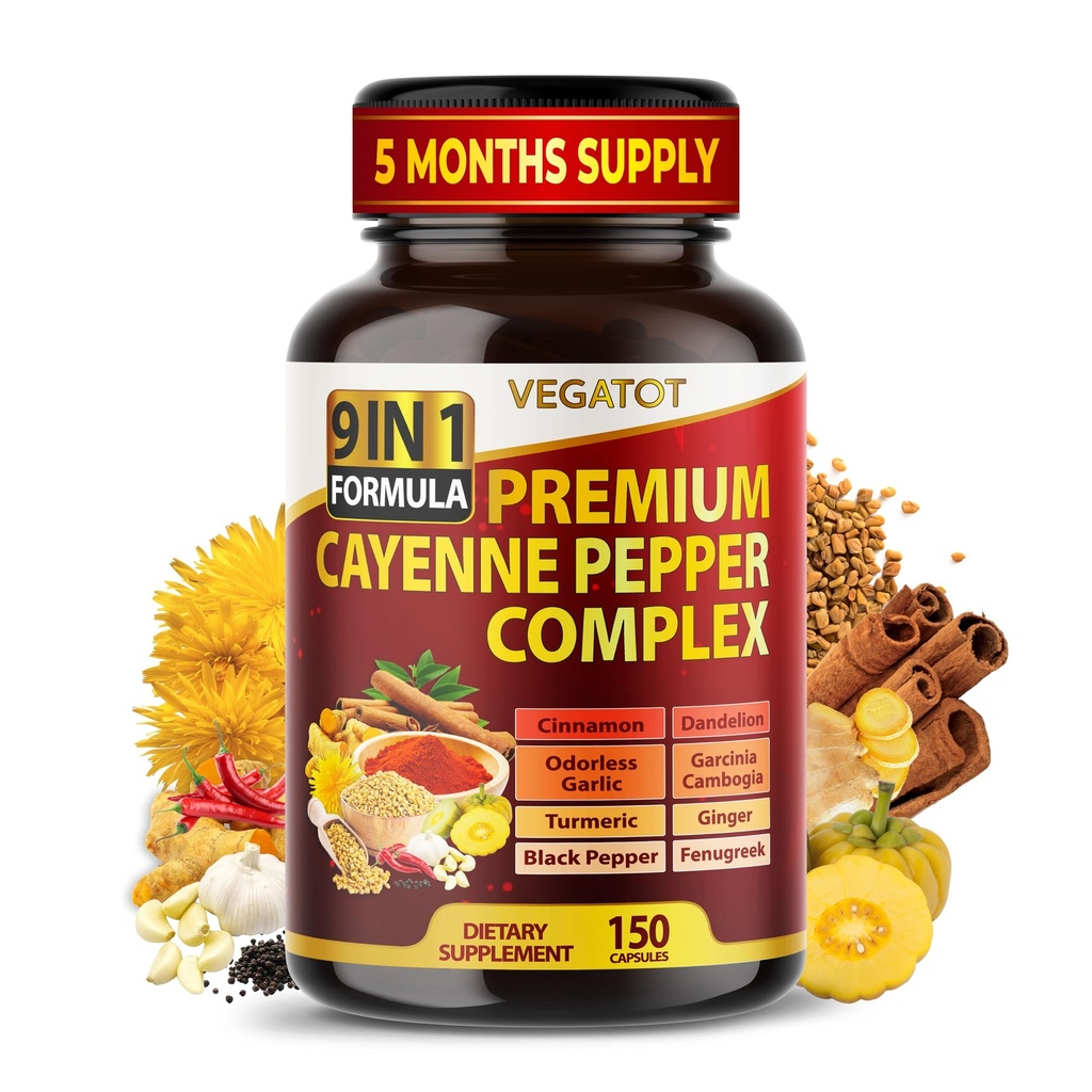 Organic Cayenne Pepper 9IN1 Complex cu scorțișoară, ghimbir, Turmeric pentru sănătate generală, Sistem imunitar, Digestion Wellness (150 Conte (Pachet de 1)