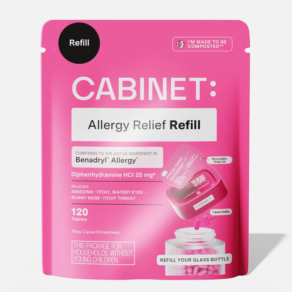 Cabinet: Difenhidramină 25mg Alergie Relief Antihistaminice Tablete pentru alergii, Febră Hay, și Runny nas, 120 comprimate (Refill Pouch)