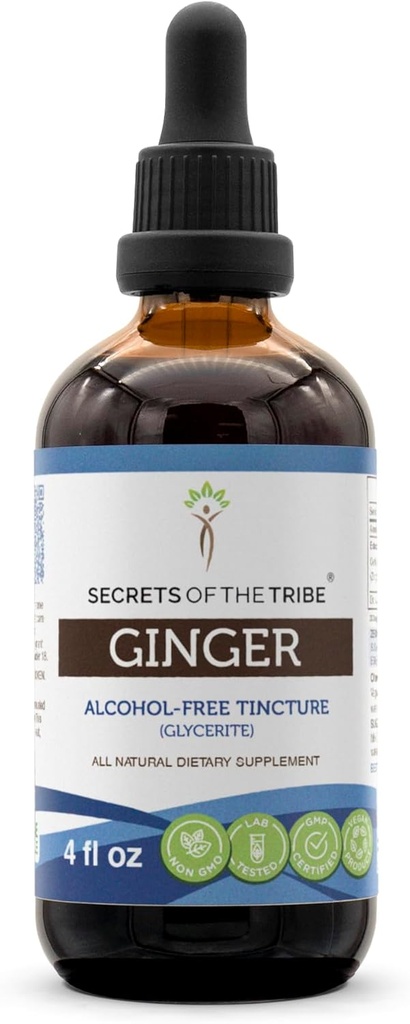 Secretele tribului Ginger Tincture Extract fără alcool, ghimbir (Zingiber officinale) rădăcină uscată 4 OZ