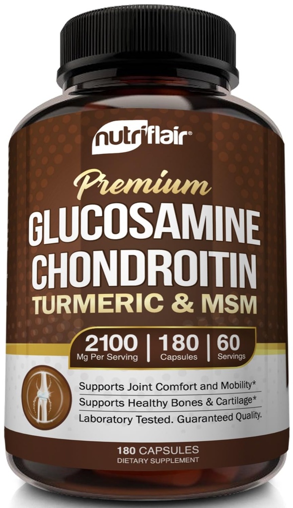 NutriFlair Glucosamină Chondroitin Turmeric MSM Boswellia, 180 Capsule - Confort comun - Natural & Non-GMO - Pastile antioxidante - Suporturi Back, Genunchi, Mâini, Articulaţii, Cartilaj