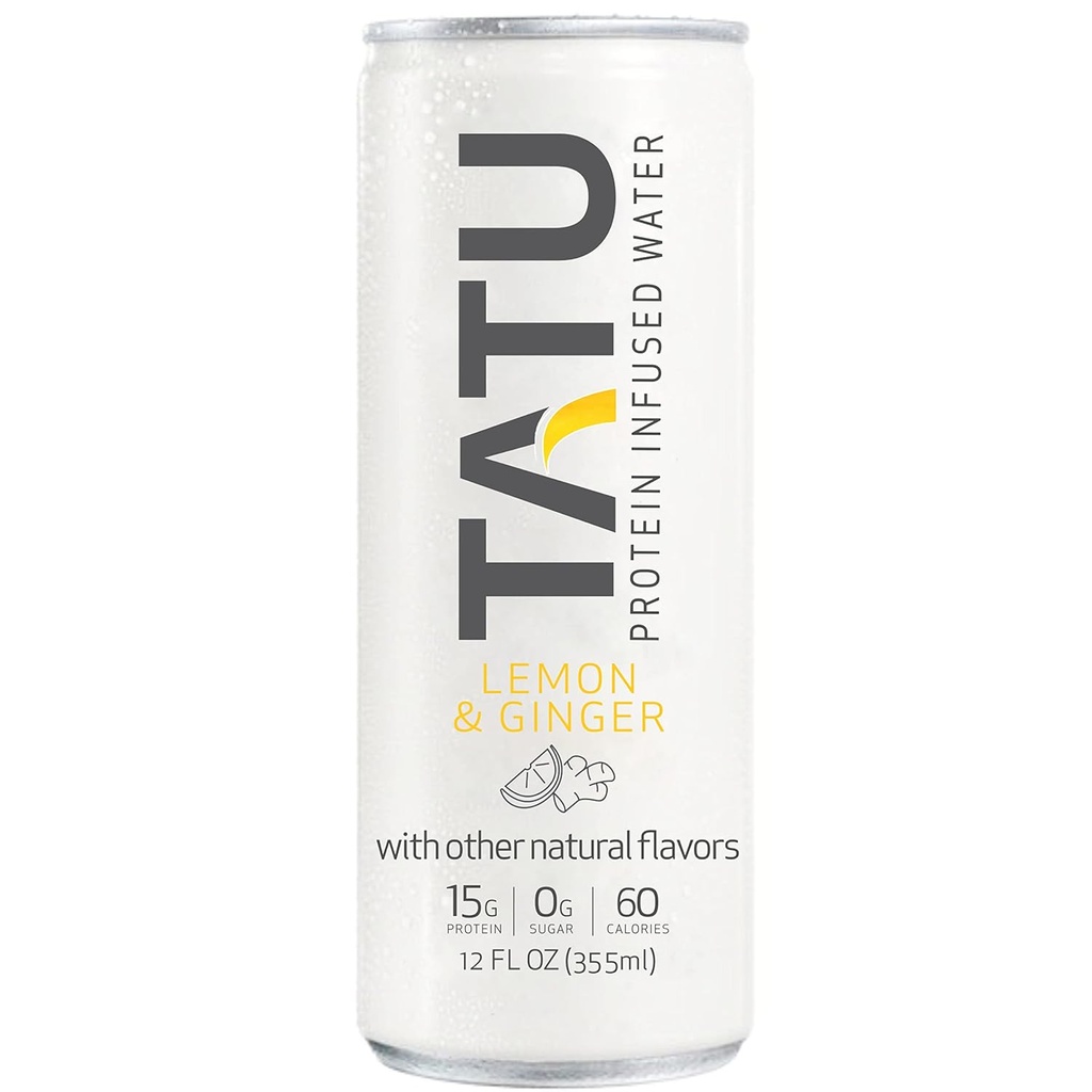 TATU Proteine gata de băut Apă Infuzată Lemon Ginger 24 Pack. 15 grame de proteine din zer izolate, 0 grame de zahăr, doar 60 de calorii. Lemon Ginger şi Orange Mango. Fără gluten, fără lactoză.