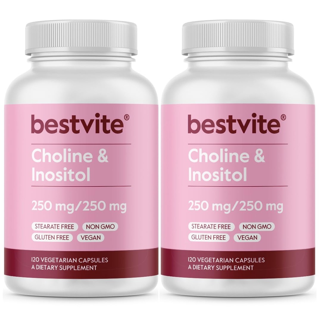 BESTVITE Choline Inositol 500mg (240 Capsule vegetariene) (120 x 2) - Fără Stearet - Fără fosfat dicalcic - Fără fillere - Vegan - NeMG - Gluten Free
