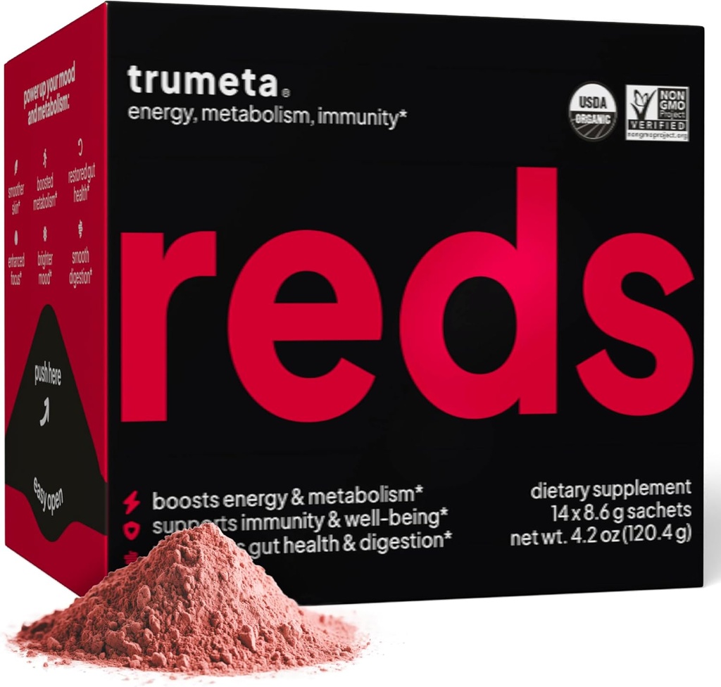 Superfood Reds Powder Packs - pentru suport imunitar și memorie I Reds Superfood pulbere antioxidanți Polifenoli Amestec cu organic Acai Berry, Goji Berry, rodie - 14 Sachete