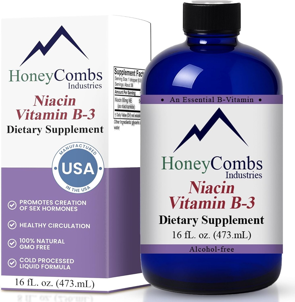 HoneyCombs Vitamina B3 Niacin Supliment Picături lichide - Potență ridicată Vitamina B3 Picături lichide pentru bărbați și femei - Menținerea sistemului digestiv, piele, limbă, energie și mai mult - Picături Vegan Niacin (16 Fl oz)