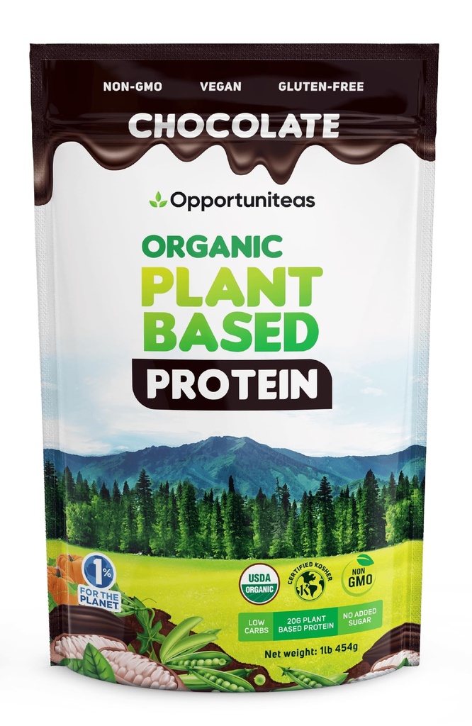 Opportunities Organic Plant based Proteine Powder, 20g Vegan Proteina de mazăre, dovleac, și orez, fără zahăr, non-GMO, Gluten-Free, Cremy Chocolate, 1 lb