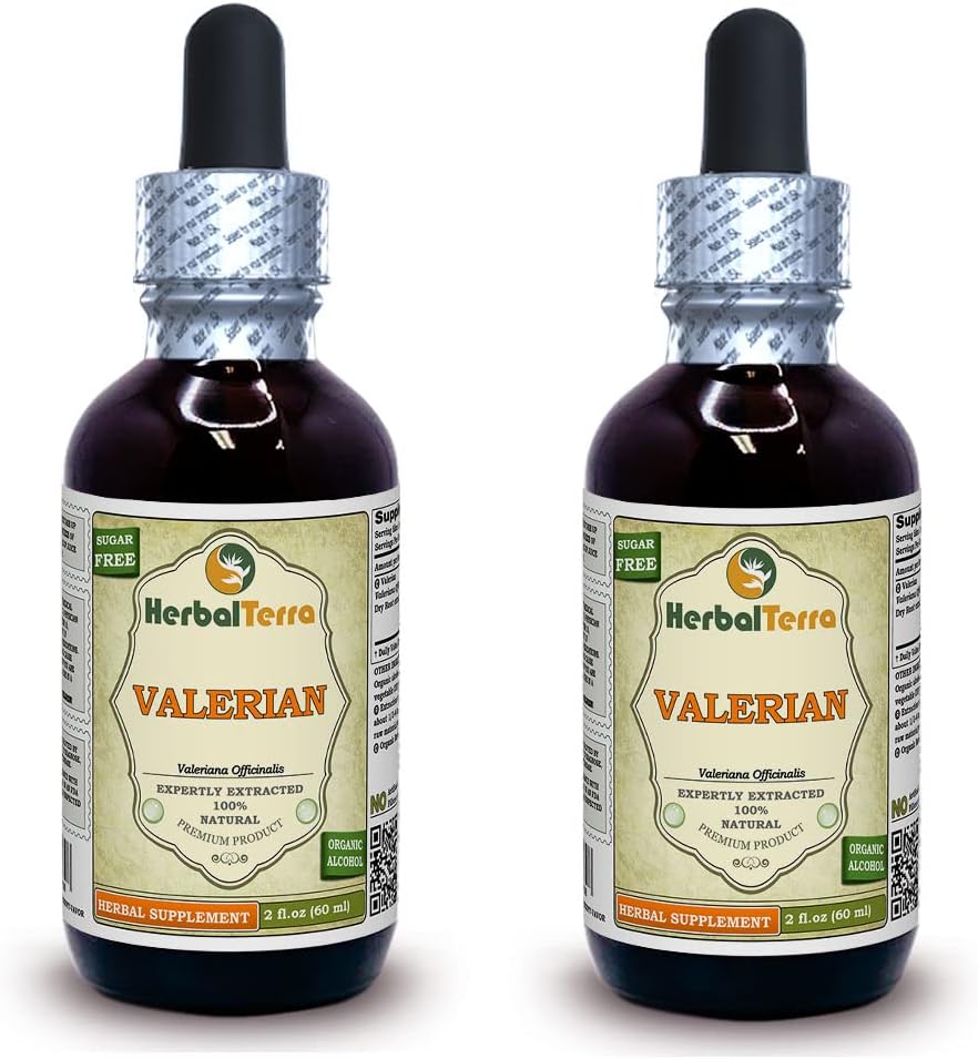 Valerian (Valeriana officinalis) Tincture, Extract lichid de rădăcini uscate organice (Brand Name: HerbalTerra, Proudly Made in USA) 2x2 fl.oz (2x60 ml)