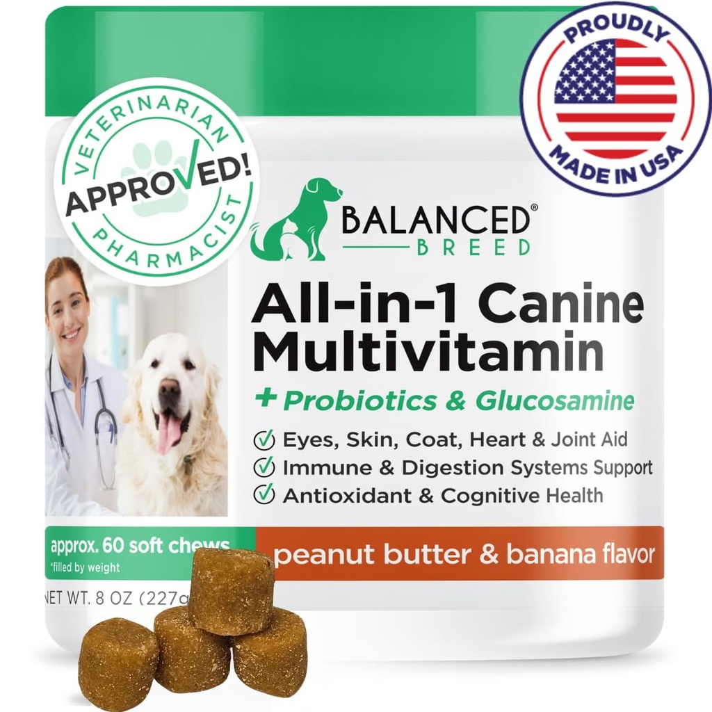 Echilibrat All-in-1 Bread Vitamine de câine Suplimente fabricate în Statele Unite ale Americii Vet-Pharmacist aprobat câine Multivitamine Probiotice Glucosamine Chondroitin câini Somon ulei de piele Imun Imun Senior câini Supliment NonGMO