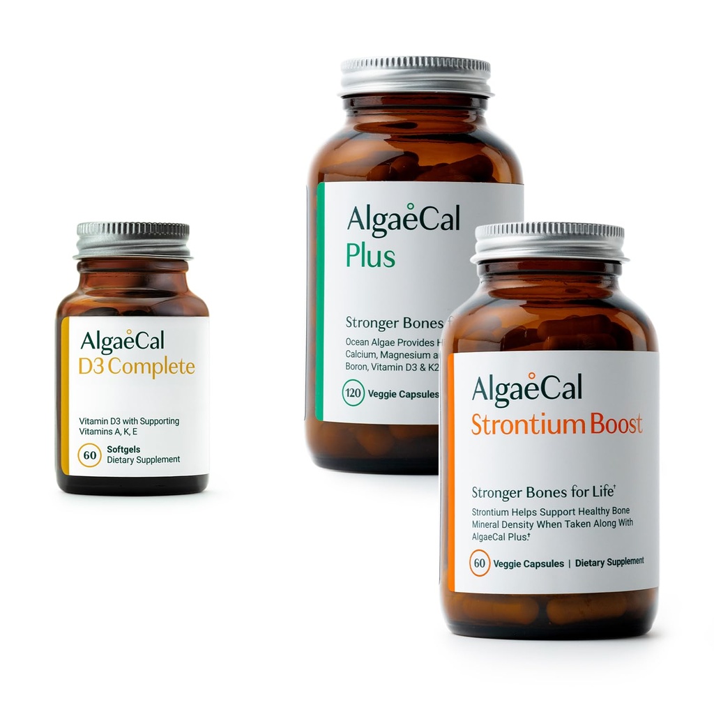 ALGAECAL Bone Health Bundle - D3 Complete (1000 UI) + K2, Vitamina E, Vitamina A & Plant-Based Calciu Clinic susținut pentru creșterea densității osoase