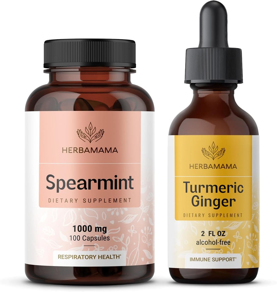 HERBAMAMA Spearmint și Turmeric Ginger Kit - Bundle of 1000 mg Spearmint Leaf Capsules & Turmeric Ginger Tincture 2 fl oz - Vegan, Non-GMO, Sugar & Alcohol-Free - 2 Pack
