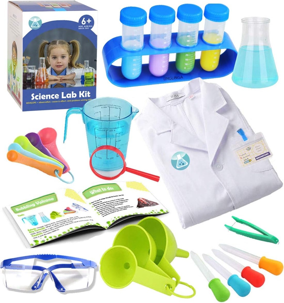 UNGLINGA Kids Science Experiment Kit cu Lab Coat Scientist Costum dress up și rol Joaca jucarii cadou pentru baieti Fete copii Crăciun petrecere ziua de naștere