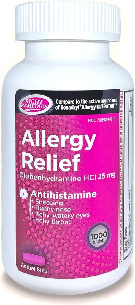 Alergie Relief Antihistamin, Difenhidramină HCl 25mg, Generic Benadryl Ultimabs, Relieves Sezoniere interior sau exterior Alergii respiratorii superioare, 1000 Conte