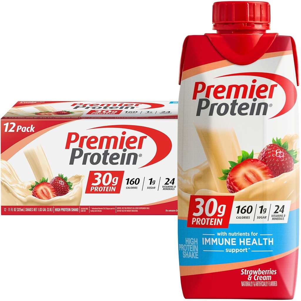 Premier Proteine Shake, Căpșuni & Cream, 30g Proteine, 11 fl oz, Pachet de 12 (Packing May Vary)