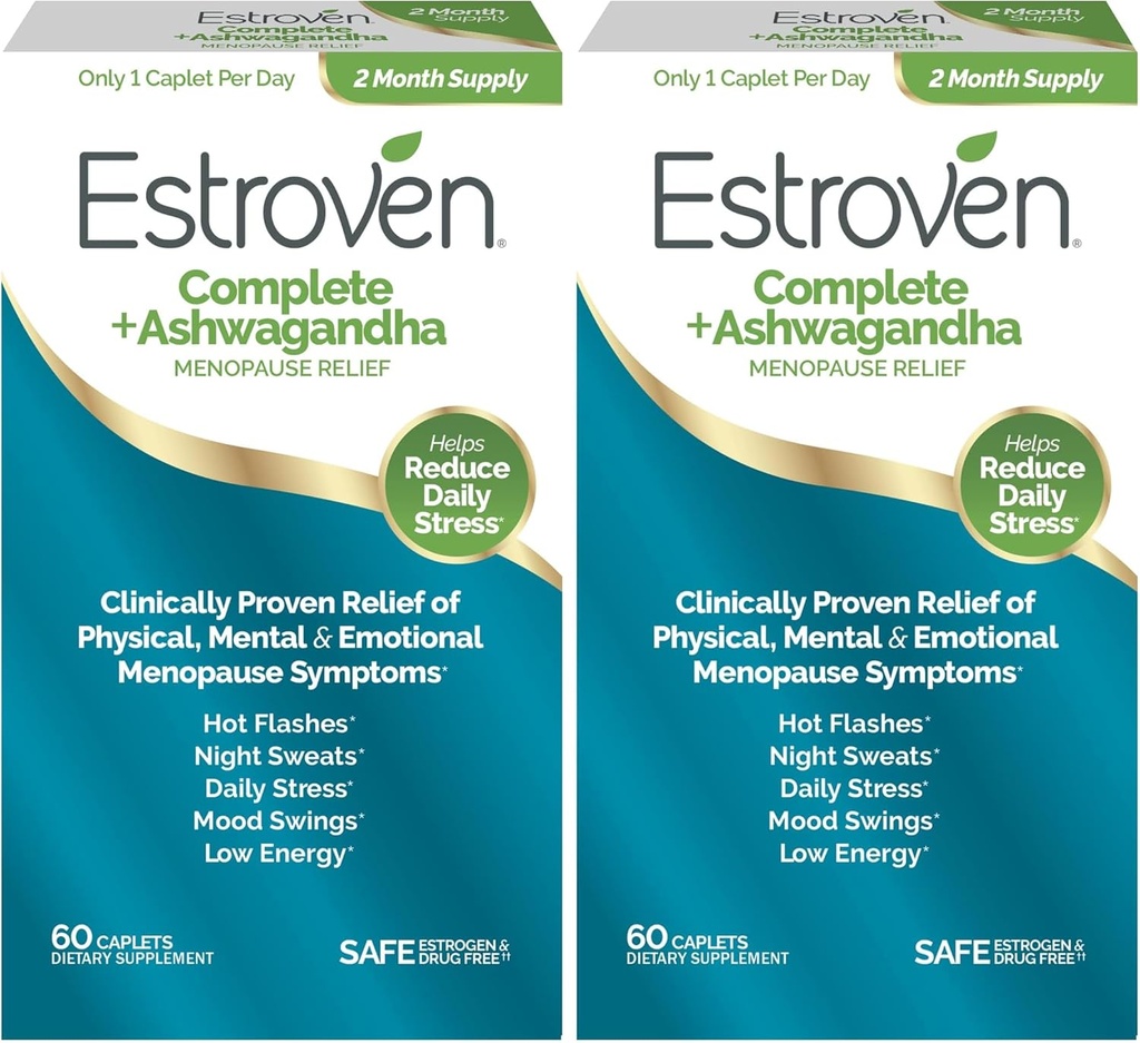 Estroven Complete + Ashwagandha Multi-Symptom Menopauza Supliment pentru femei - Ingrediente dovedit clinic oferi Menopause Relief & Transpiratii de noapte + Hot Flash Relief* - 4 Luna de aprovizionare (Pachet de 2)