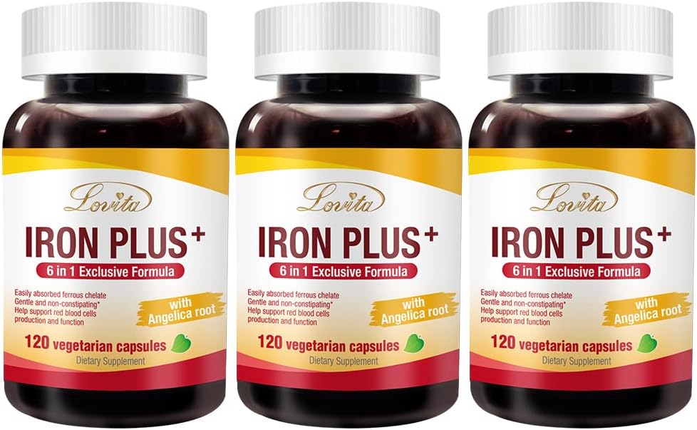 Lovita Iron 18 mg, 6 în 1 Supliment de fier pentru femei, cu vitamina C, Dong Quai & B12, vitamina Vegan pentru a sprijini producția de celule roșii din sânge fără constipație, 120 capsule (Pachet de 3)