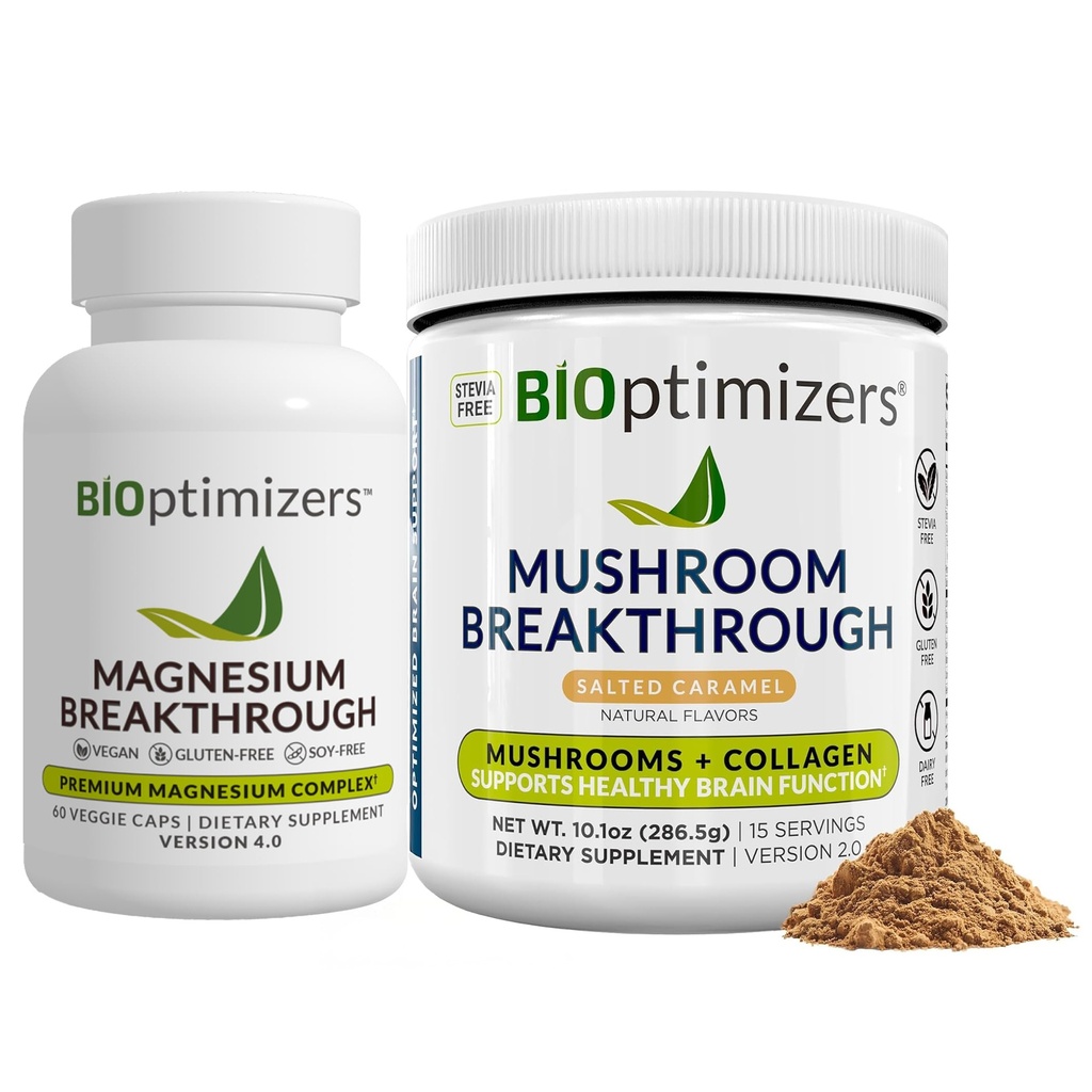 BiOptimizoarele de magneziu 4.0, (60 capsule) și praful de spargere a ciupercilor (Caramel cu adaos de sare, 15 serviri) - Somn natural și superalimente și suplimente pentru creier