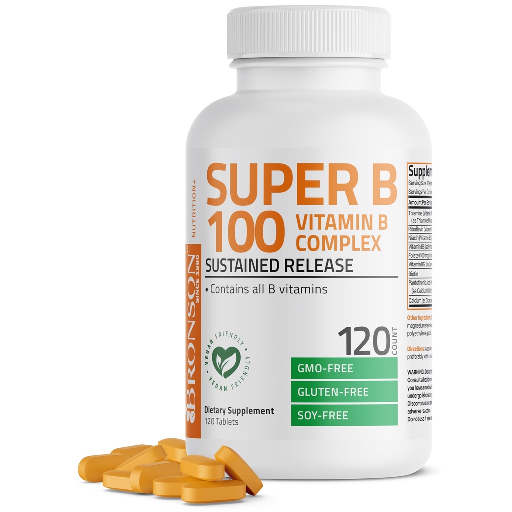 Bronson Super B100 Vitamin B Complexul de eliberare susţinut conţine toate vitaminele B (vitamin B1, B2, B3, B6, B9 - Acid folic, B12), 120 comprimate