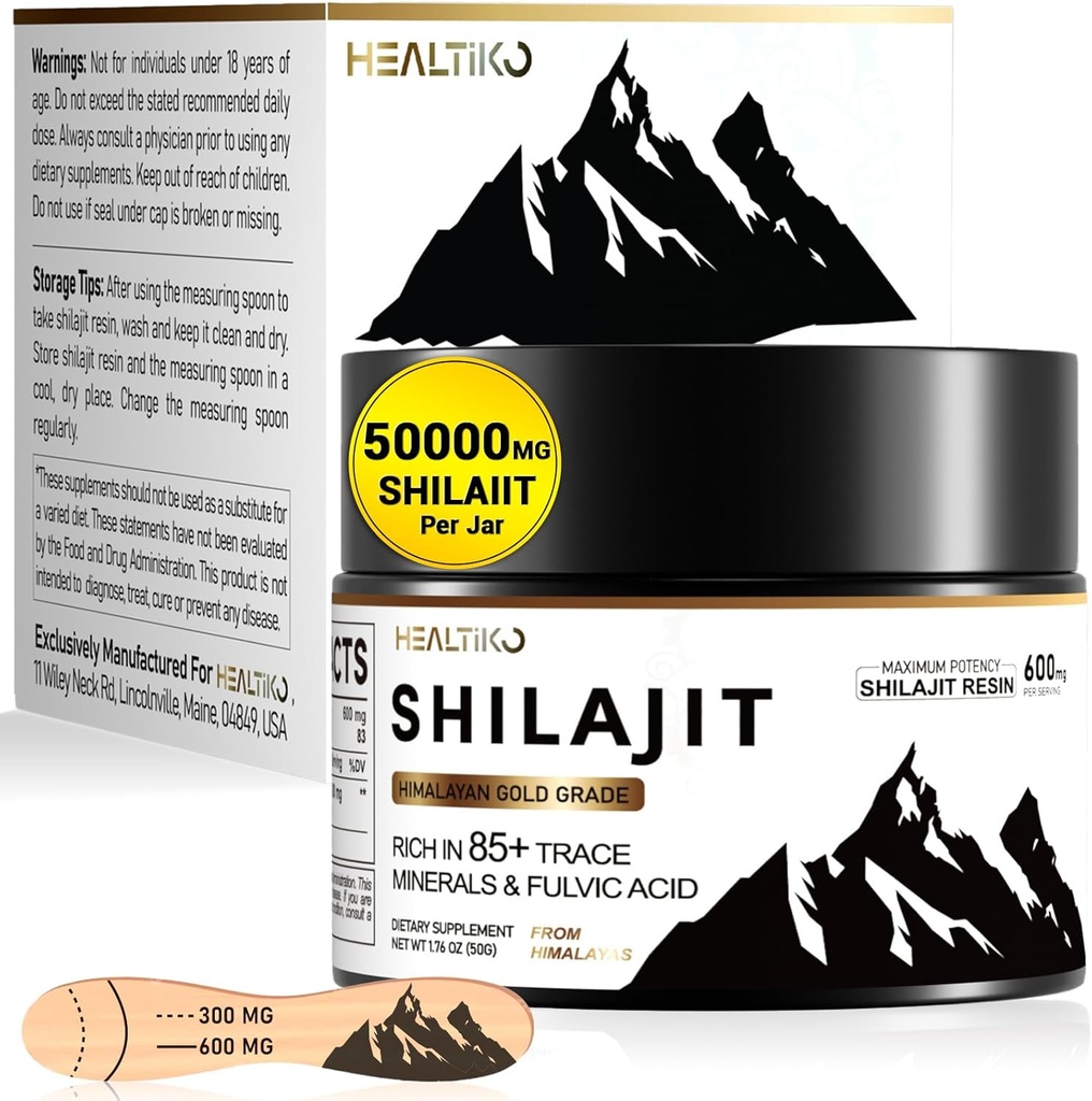 Shilajit Resin, Himalayan Shilajit Organic - 600 mg Potency Gold Grad, Shilajit pentru barbati si femei cu 85+ Trace Minerale & Acid pelvian, pentru energie, Imunitate & Putere, 83 Servire (50g)