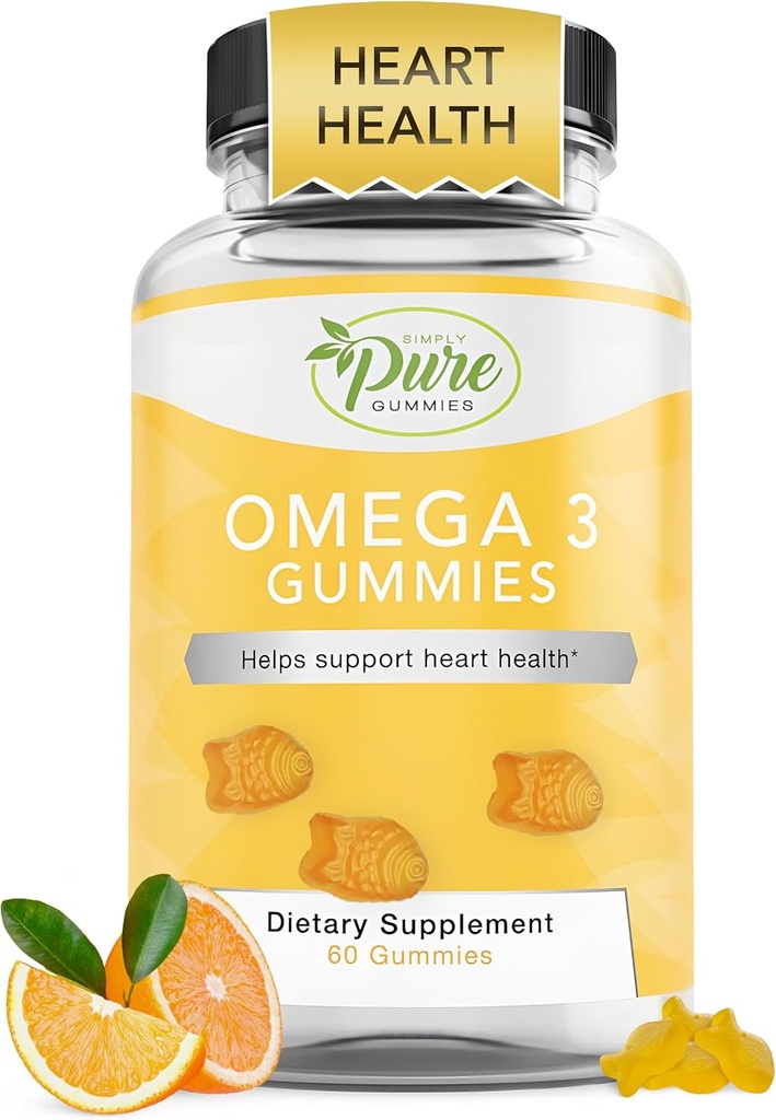 Pure de natura Omega 3 Gume pentru adulți și copii, Omega 3 suplimente de acid gras cu Omega 3 6 9 pentru suport circulator, fără ulei de pește Omega Gumies, 60 zile de aprovizionare (60 Conte)