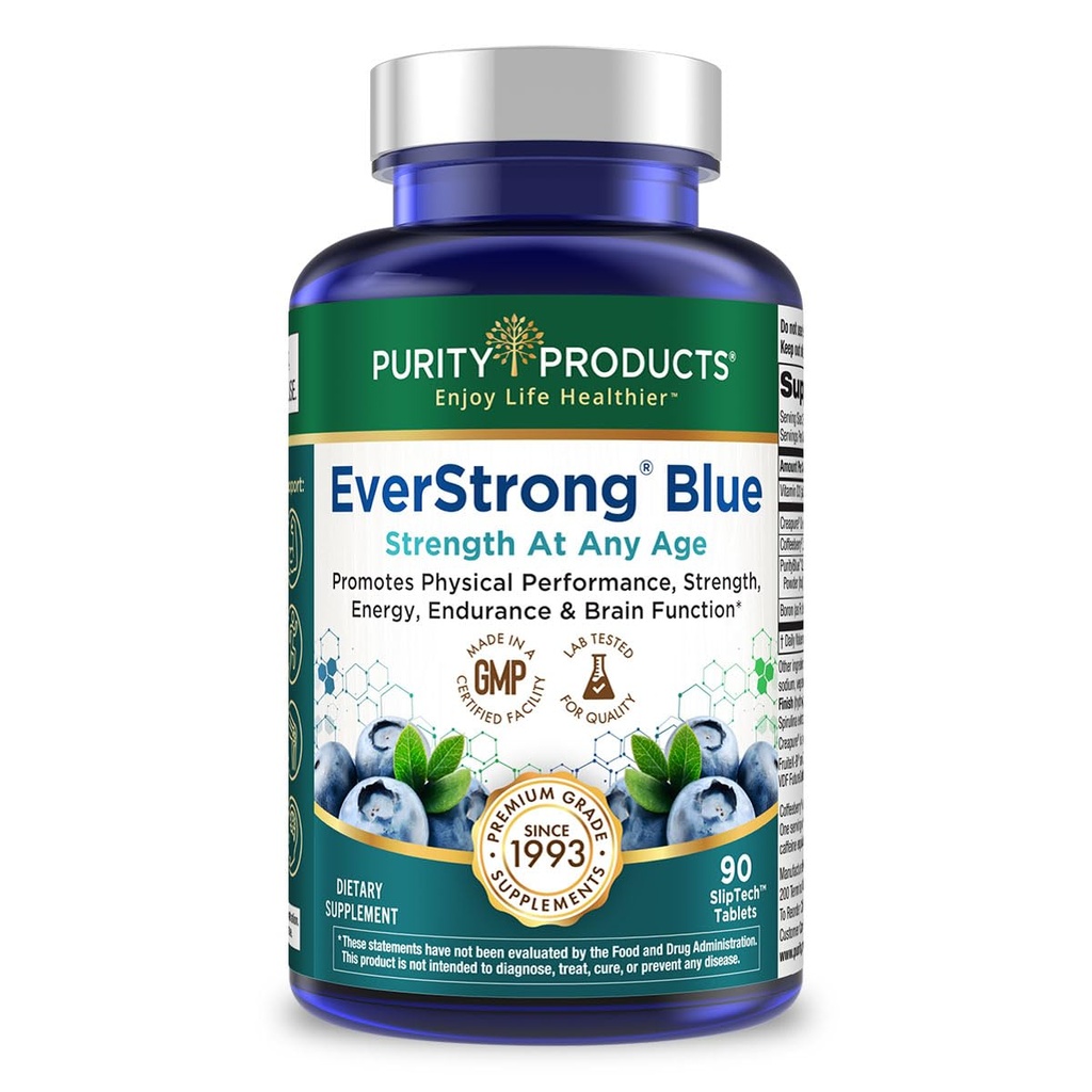 Produse de puritate EverStrong Blue Putere Clădire + Creier Boosting w/Muscle Matrix Blend ft. Creatină Monohidrat + More, Blue Blue Organic Blue Blue Blue Blueberry Complex, 1000 UI vitamina D3-90 comprimate