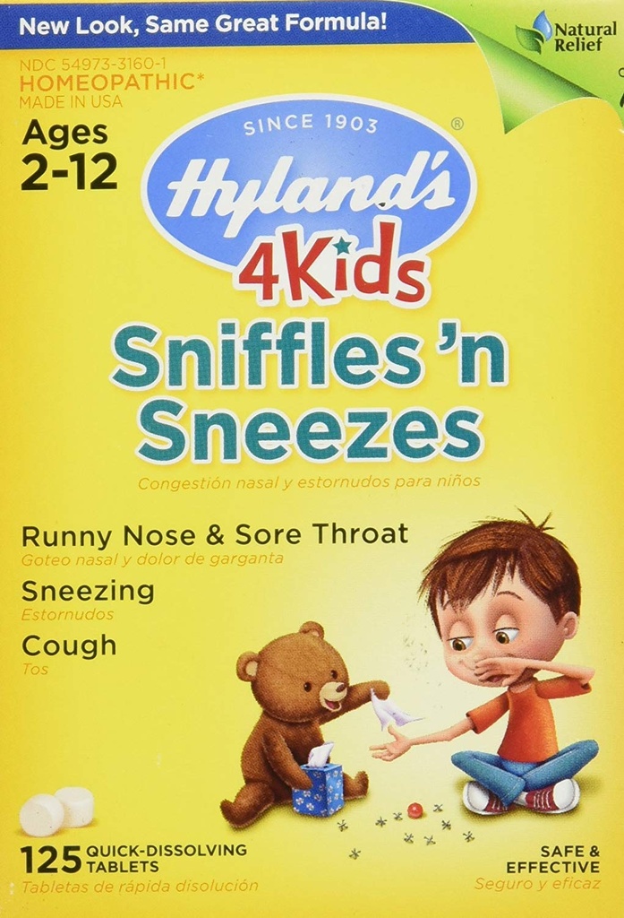Zinc pentru copii varste 2+, tablete de medicina rece, 4 copii Sniffles n' Sneezes, Decongestionant, Dureri de cap și Sinus Relief, Tratament Natural pentru Alergie și Simptome Rece Comune, 125 Conte