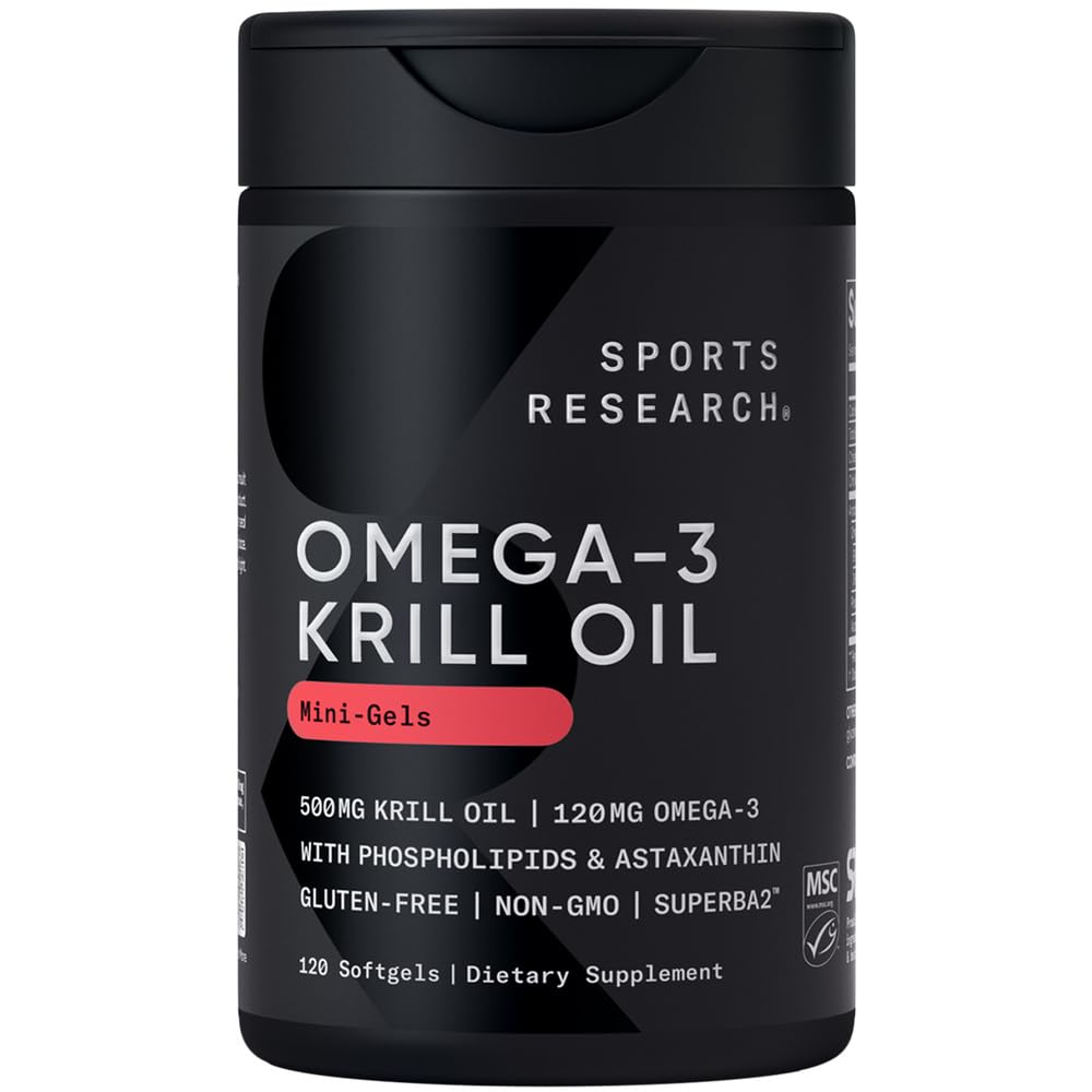Sport de cercetare Krill Suplimentul de ulei cu EPA & DHA Omega 3, Fosfolipide și astaxantină din Antarctica Krill - cea mai mare concentrație de ulei de krill pentru bărbați și femei - 500mg, 120 capsule Softgel