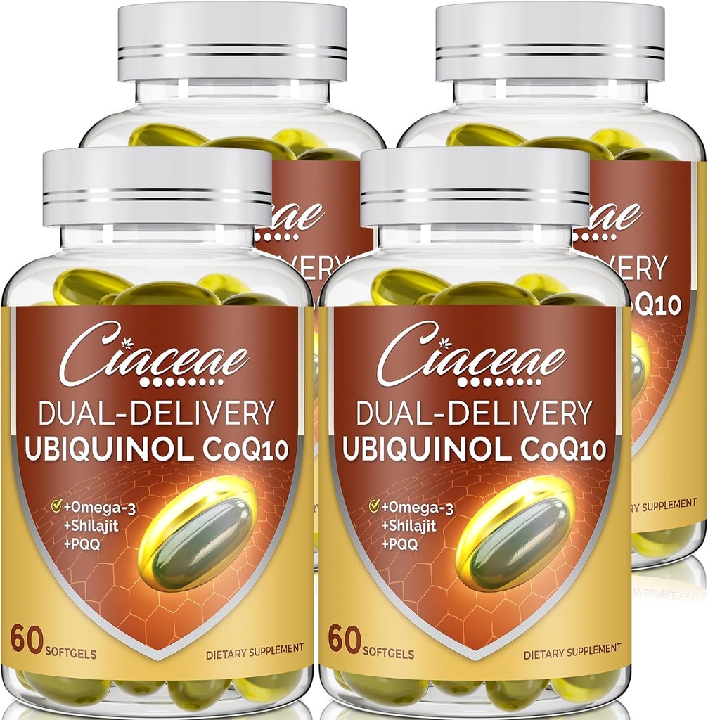 Ubichinol CoQ10 600 MG Softgels cu Omega-3 & Shilajit & PQQ, Coenzimă Dual-Delivery-Q10, Supliment activ CoQ10 Ubichinol pentru fertilitate, Antioxidant, Inimă, Creier & Energie, 240 Servings