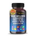 Brain Wellness Ginkgo Biloba Rhodiola Cordyceps Chamomile Ashwagandha Gotu Kola Bacopa Rosemary Holy Basil Black Pepper -150 Capsule - Made in USA