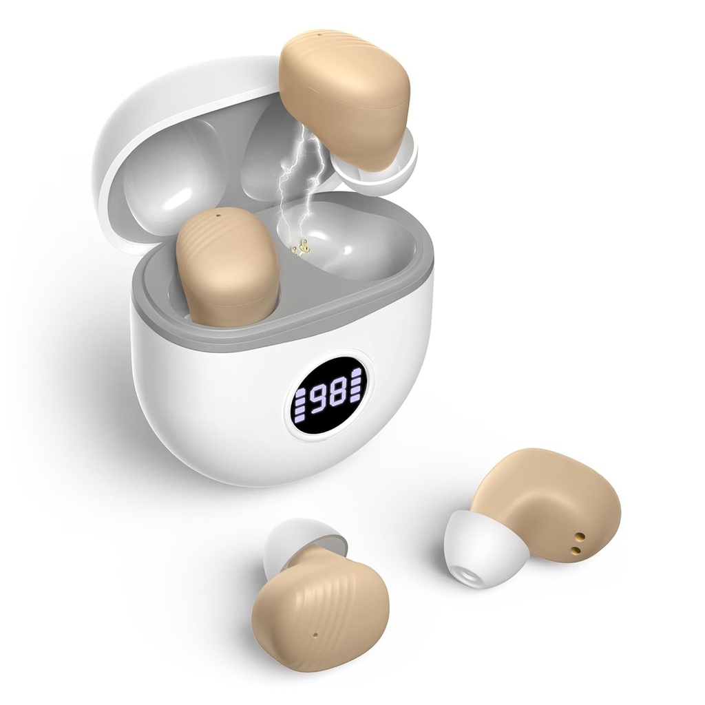 SIDA auditivă, SIDA auditivă reîncărcabilă pentru Seniori cu Anulare Zgomot, Mici în ureche Nu Squealing Amplificatoare de auz Actualizarea Gain maxim 40dB cu Oval Charging Case LED Display, Bej