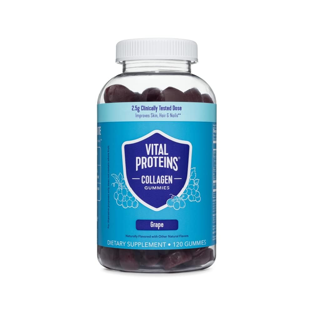 Proteine vitale Colagen Gume, 2,5 g de colagen testat clinic pentru păr, piele, unghii & riduri, 120 ct, 30-zi de aprovizionare, aromă de struguri