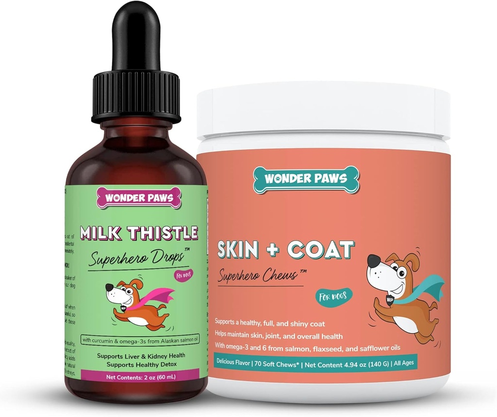 Wonder PAWS Milk Thistle Drops Plus Skin + Coat Soft Chews - pentru câini de sprijin ficat și rinichi, Detox & Skin and Coat Health - Milk Thistle 2 Onces - Skin + Coat 70 Chews