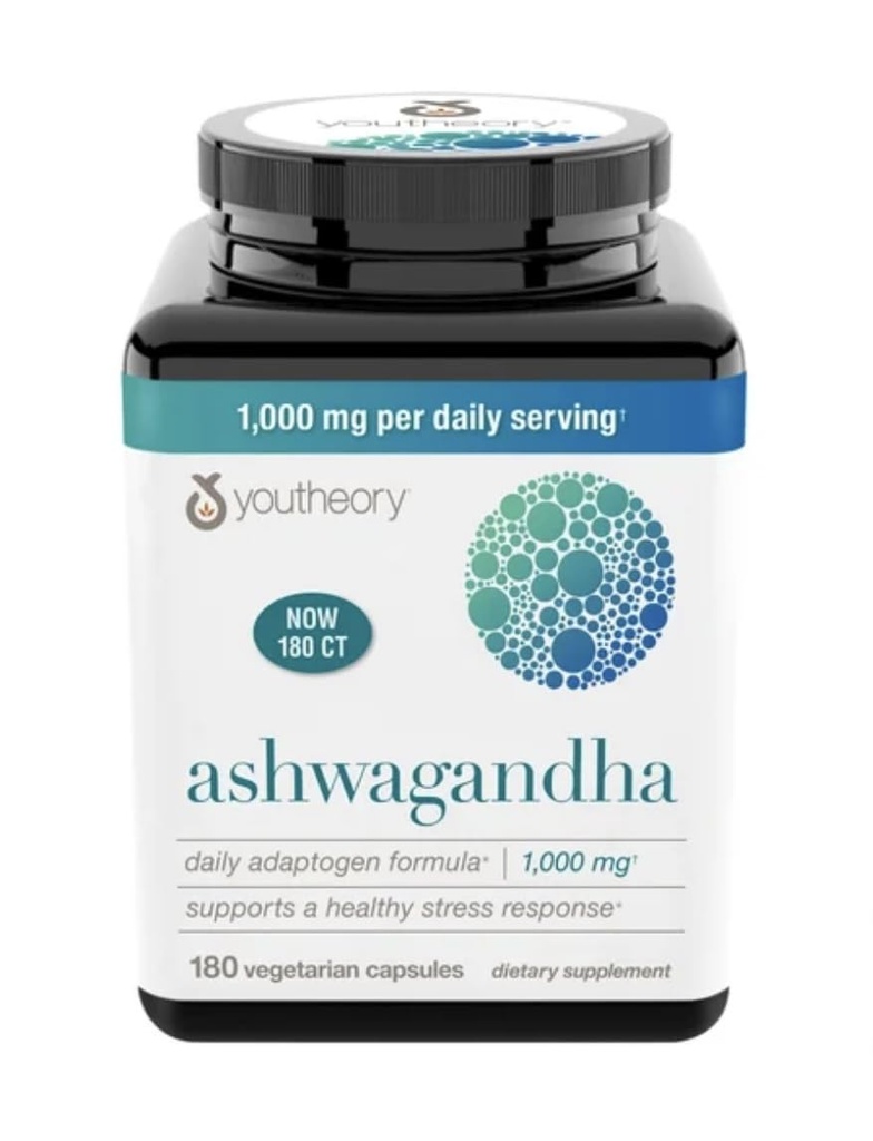 Youtheory Ashwagandha 1000mg cu KSM-66 - Ajuta la sustinerea unui raspuns la stres sanatos 180 capsule (Pachetul de 1)