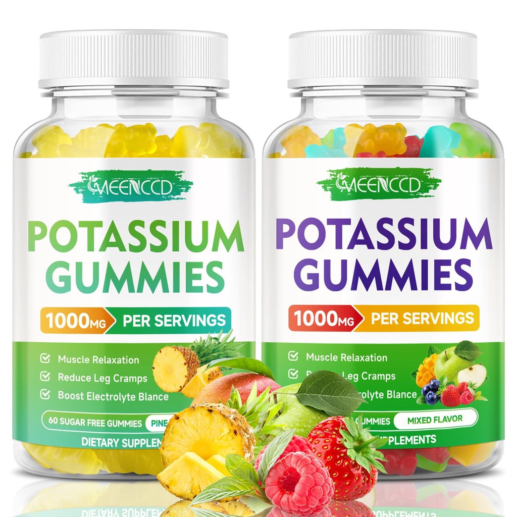 Potasiu Citrate Gumries 1000 mg, potenta mare Supliment de potasiu Gume pentru adulti Femei si barbati, Gumiile de potasiu suport picior cramps & sanatate musculara, Ananas & Aroma de fructe mixte
