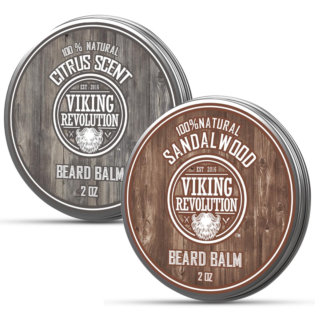 Viking Revolution Citrus and Sandalwood Beard Balm - Butter with Argan Oil, Softenener with Jojoba Oil, Moisturizer With Beeswax - Wax for Men With Mango Butter (2oz, 2 Pack)