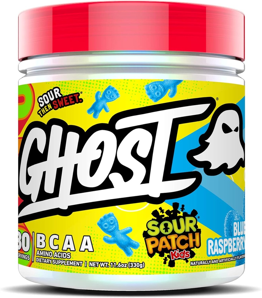 GHOST BCAA pulbere Aminoacidi Suplimentul, Patch aur copii zmeură albastră - 30 Serviri - Sugar-Free Intra, Post & Pre Antrenament Amino pulbere și băutură de recuperare, 7G BCAA