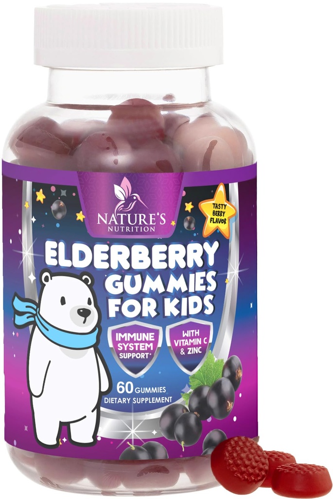 Copii de sprijin imun Gummie Elderberry - Vitamine pentru copii de zi cu zi C, Zinc & copii de sprijin pentru imunitate Gummy - Nature's Sambucus Elderberry Supliment, Vegan, Gluten-Free, Tasty Berry Aroma - 60 Gummie