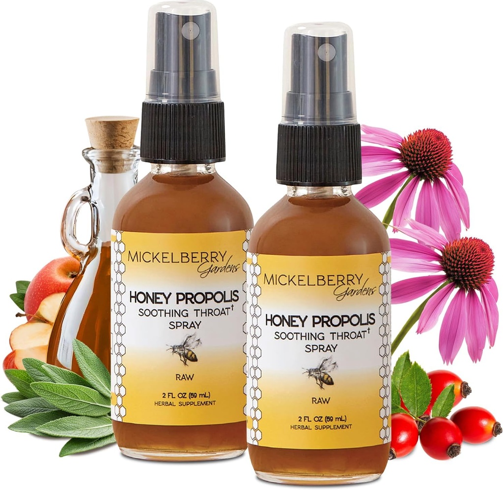 Mickelberry Gardens Honey Propolis Gât Spray - Soothing Sore Ghroat Relief & Propolis Immune Support pentru Adulți și Copii - Herbal & Honey Formula (2 oz, 2 Pack)