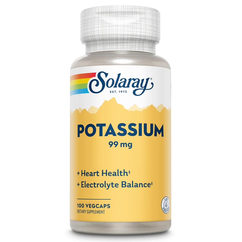 Solaray Potasiu 99 mg - Electrolite Echilibru Formula - Potasiu Supliment pentru Electroliti, Vascular si Heart Health Support - 60-Day Money Back Guarantee, Lab Verificate, 100 Serviri, 100 VegCaps