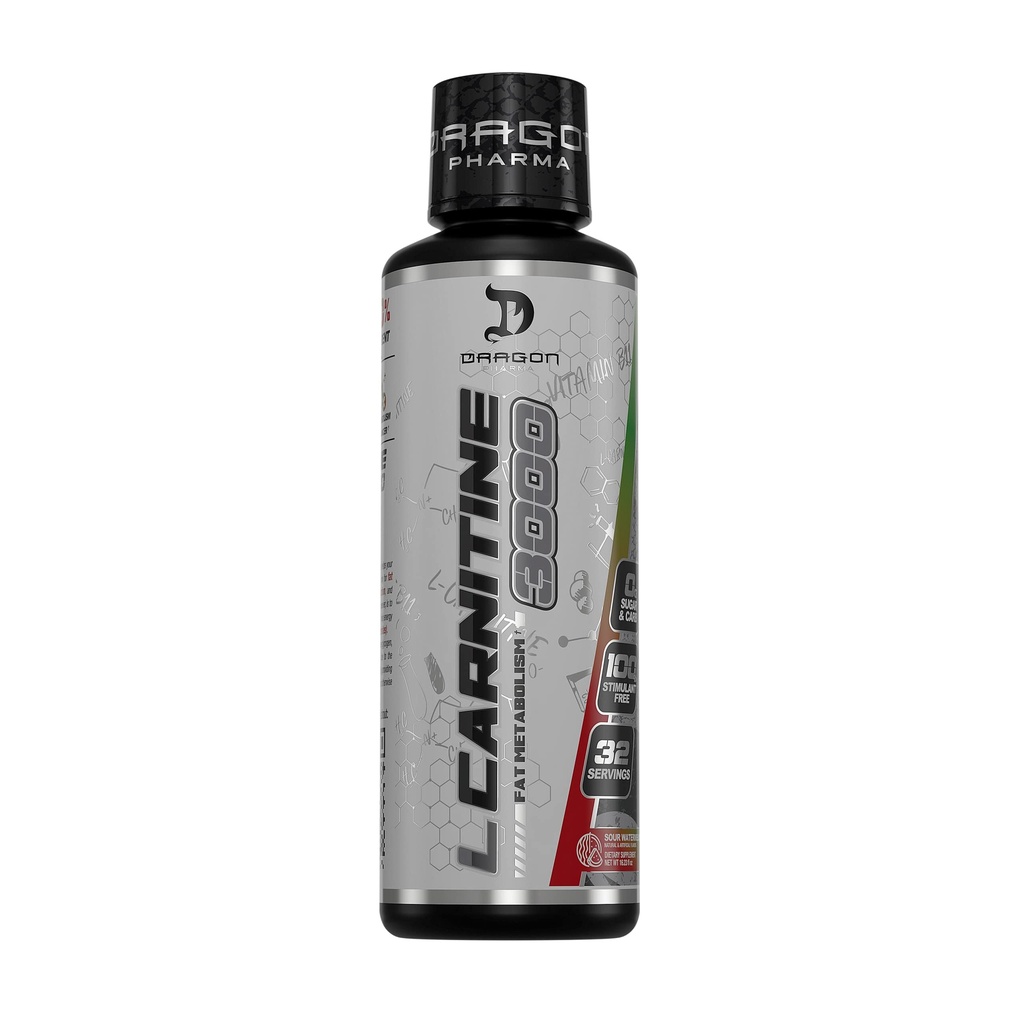 DRAGON PHARMA L-Carnitina 3000, Amino Acid Supliment, Creșterea energiei disponibile și antrenament mai greu, susține controlul apetitului (32 Serviri, Pepene verde acru)