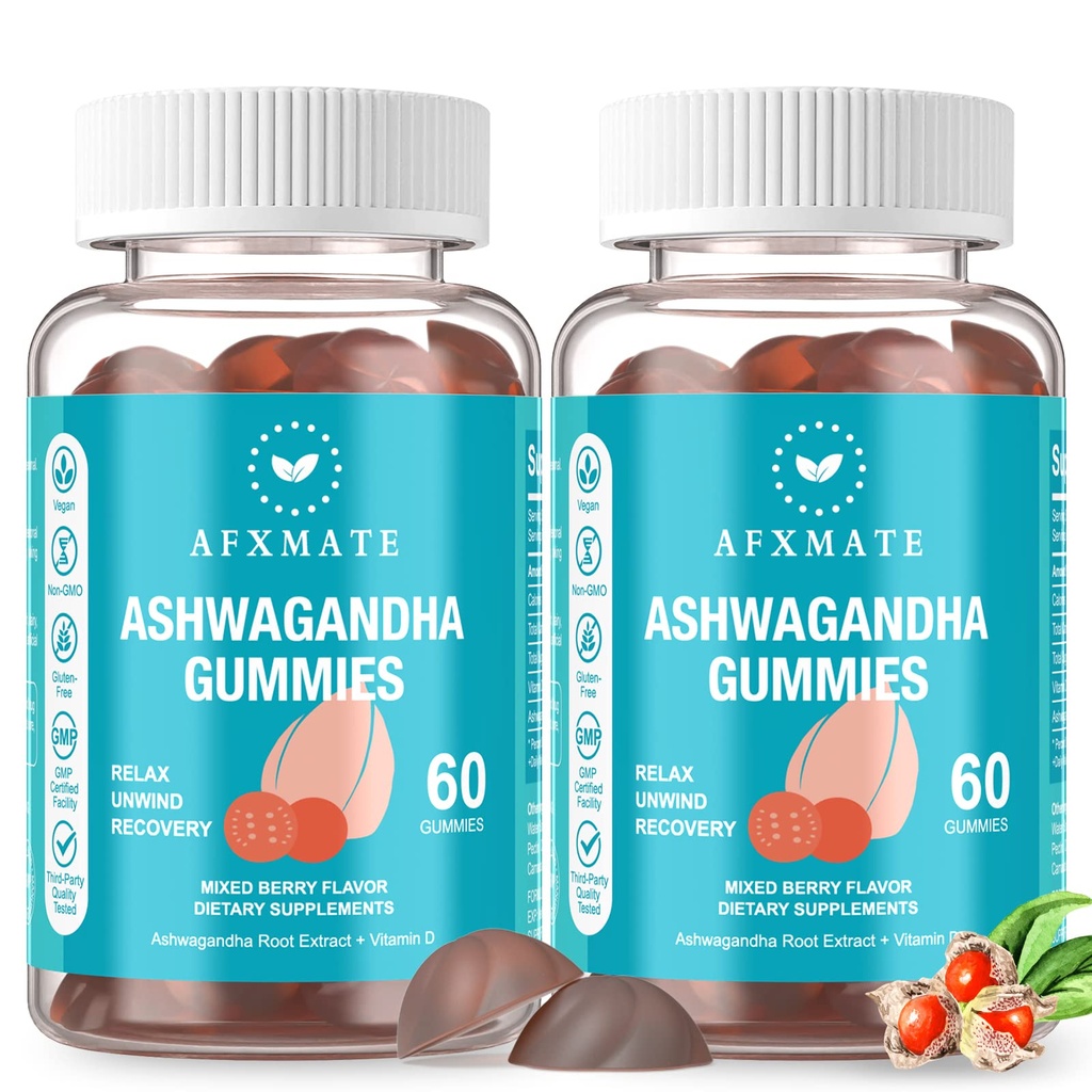 AFXMATE Ashwagandha Gummies & Vitamina D pentru bărbați și femei 120 Conte Aswangdha Supliment (fără GMO, fără zahăr și gluten gratuit)