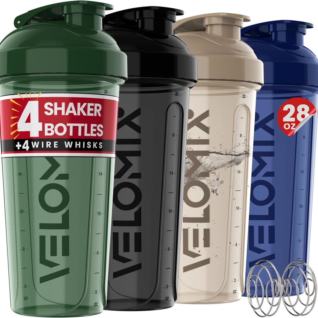 VELOMIX -4 PACK- 28 oz Shaker Cups pentru Shakes Proteine - 4x Wire Whisk 
