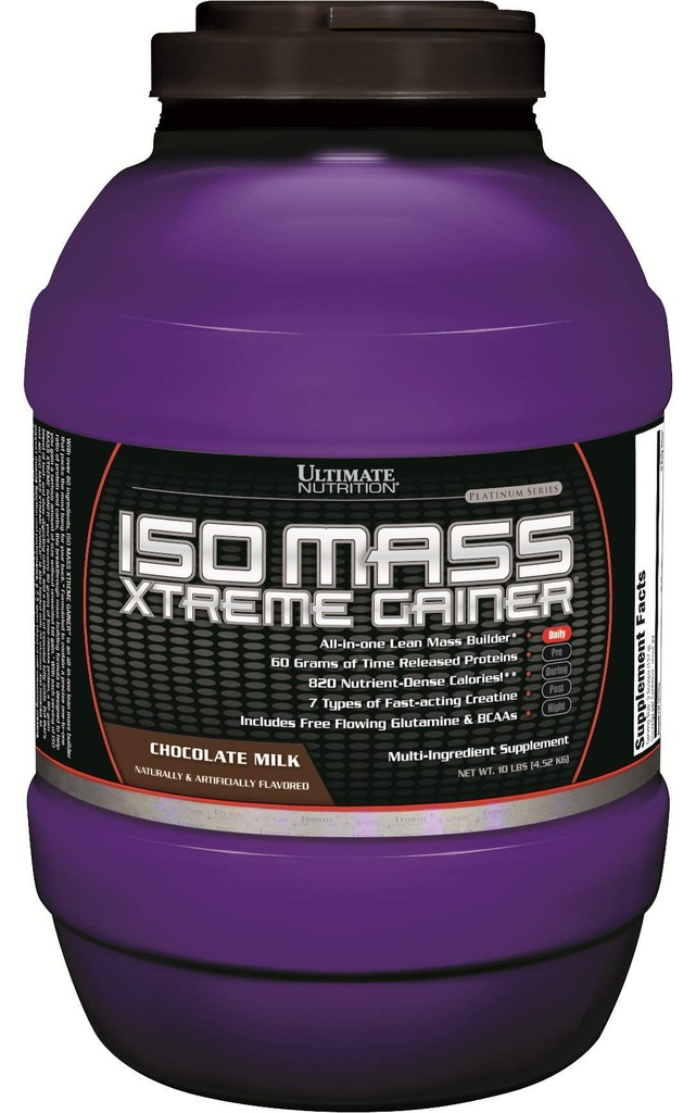 Ultimate Nutrition ISO Mass Xtreme Gainer, Greutate Gainer Proteine Pulbere cu Creatină, 60 Grams de proteine, Whey Izolate Proteine Pulbere pentru Lean Musculare Gain, 10 LBS cu 30 Serviri, Ciocolata